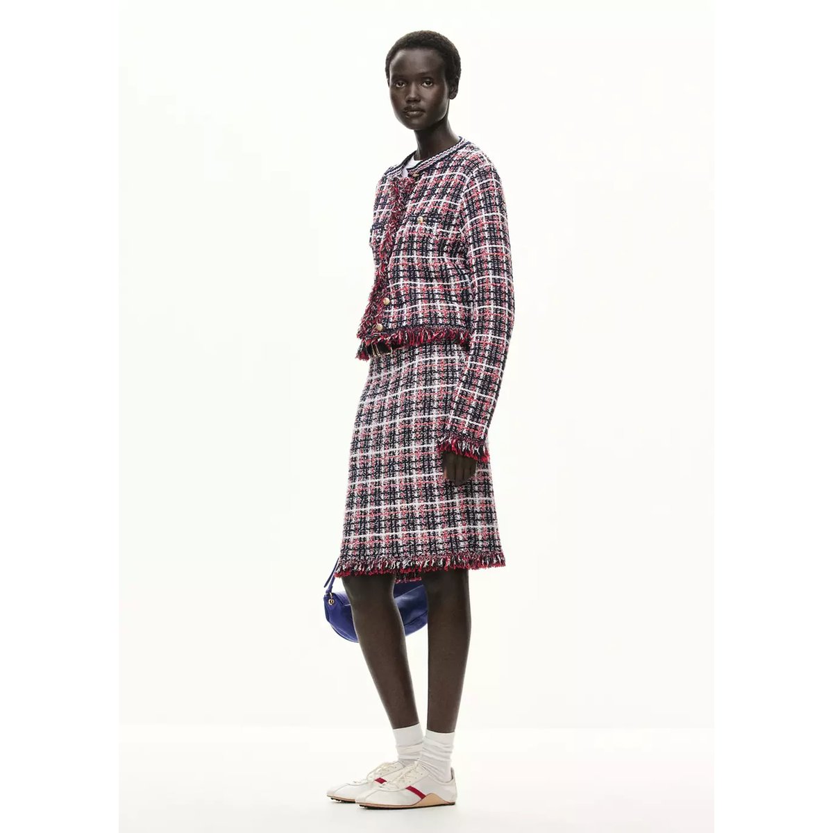 Veste en tweed à carreaux avec franges bleu marine, MANGO