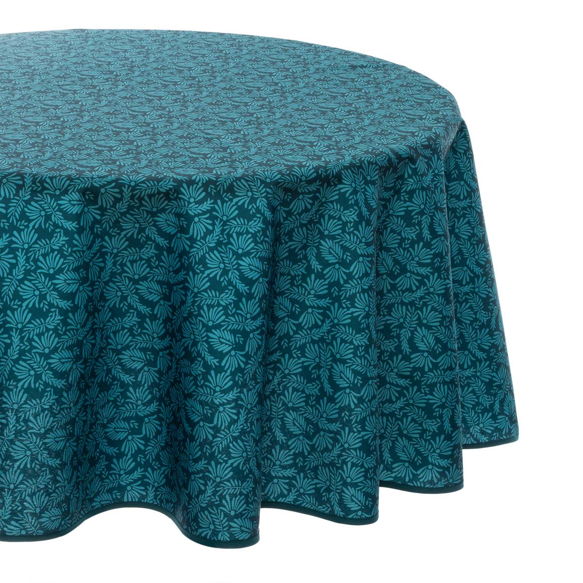 Nappe ronde anti-tâche motifs feuilles MEILI bleu canard, ATMOSPHERA