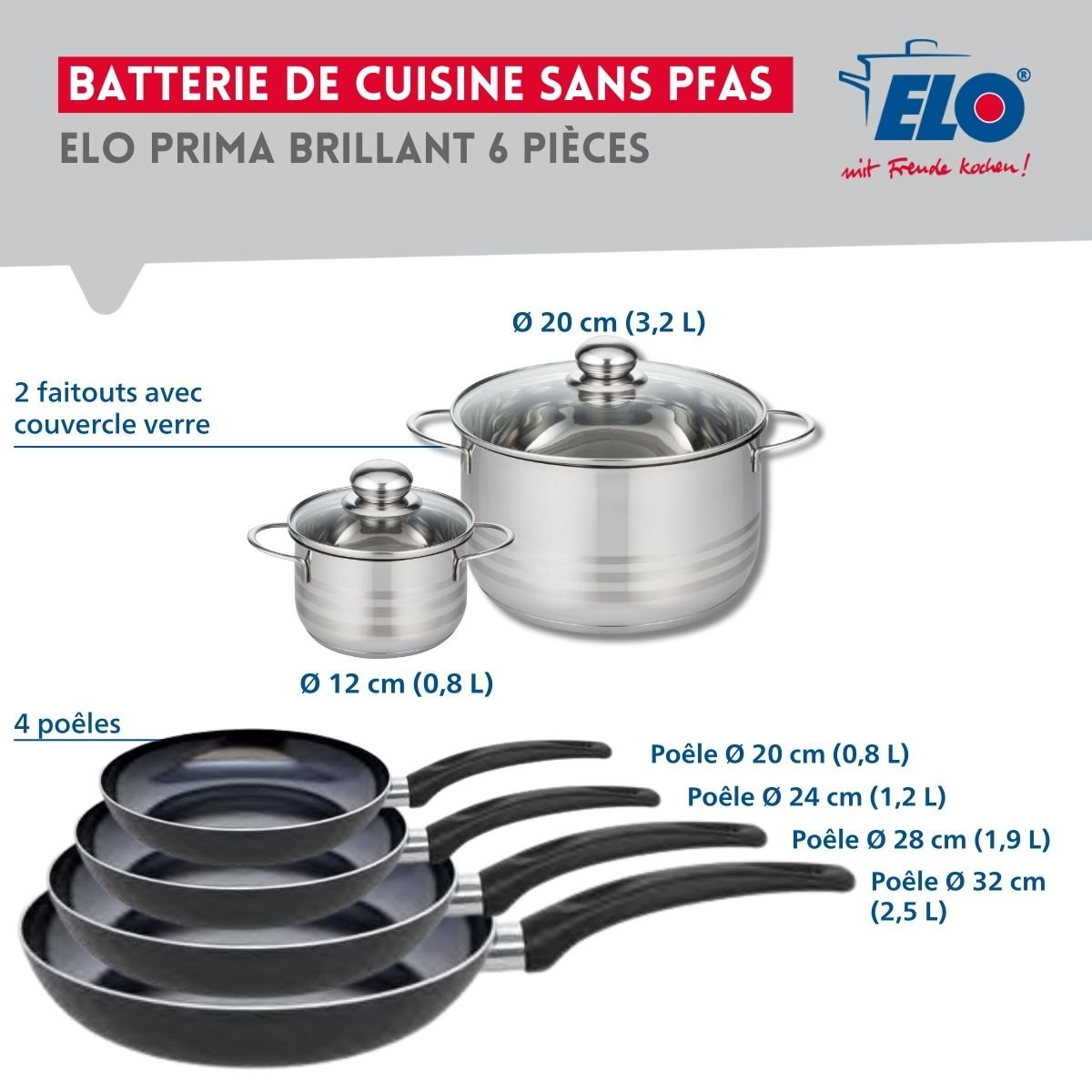 4 poêles 20/24/28/32cm + 2 faitouts 12/20cm PRIMA BRILLANT noir, ELO