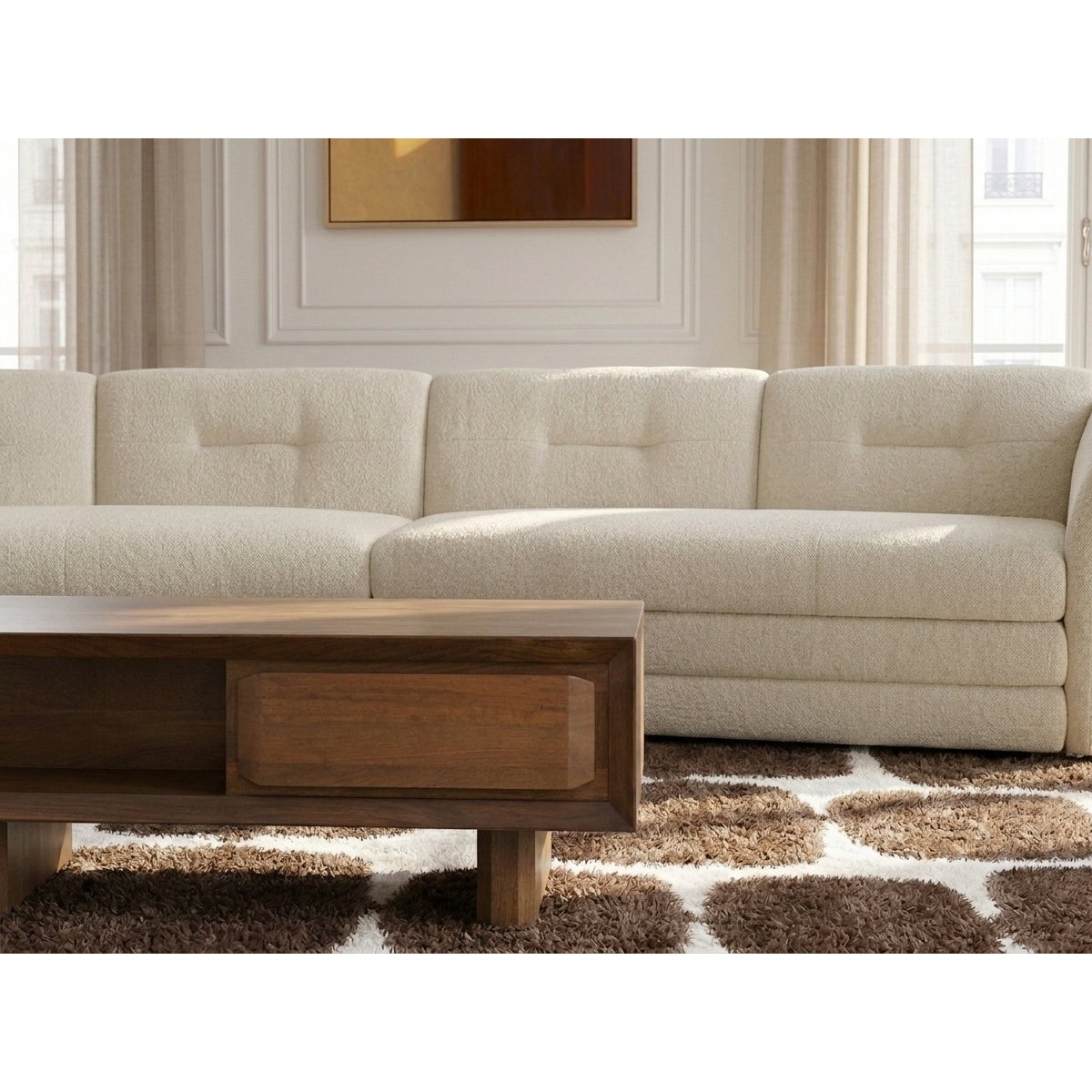 Canapé droit fixe 4 places en tissu chiné, MARBLE beige, BOBOCHIC