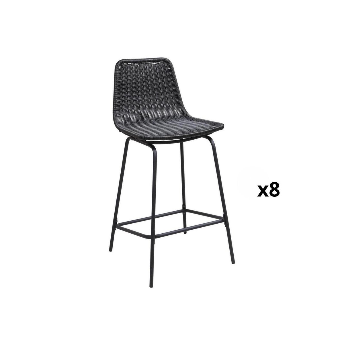 Lot de tabourets d'ilot et bar en métal et assise en rotin 65cm BALI|Lot de 8 | Lot de 8 noir, MOB IN