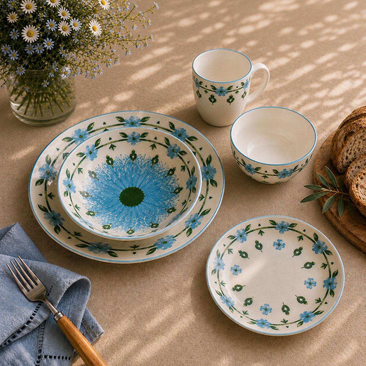Lot de 6 mugs 36cl en porcelaine, PRIMAVERA blanc-bleu, NOVASTYL