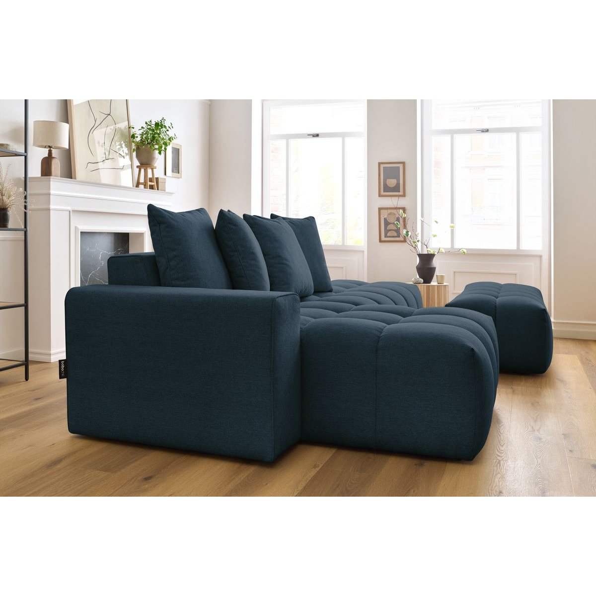 Canapé d'angle fixe 4 places en tissu chiné avec pouf, MONT-BLANC bleu foncé, BOBOCHIC