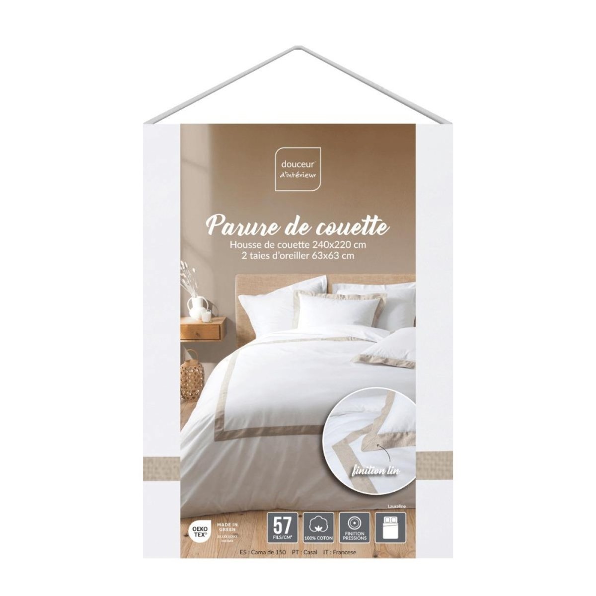 Housse de couette 260x240 + 2 taies empiècement lin blanc, DECORATIE