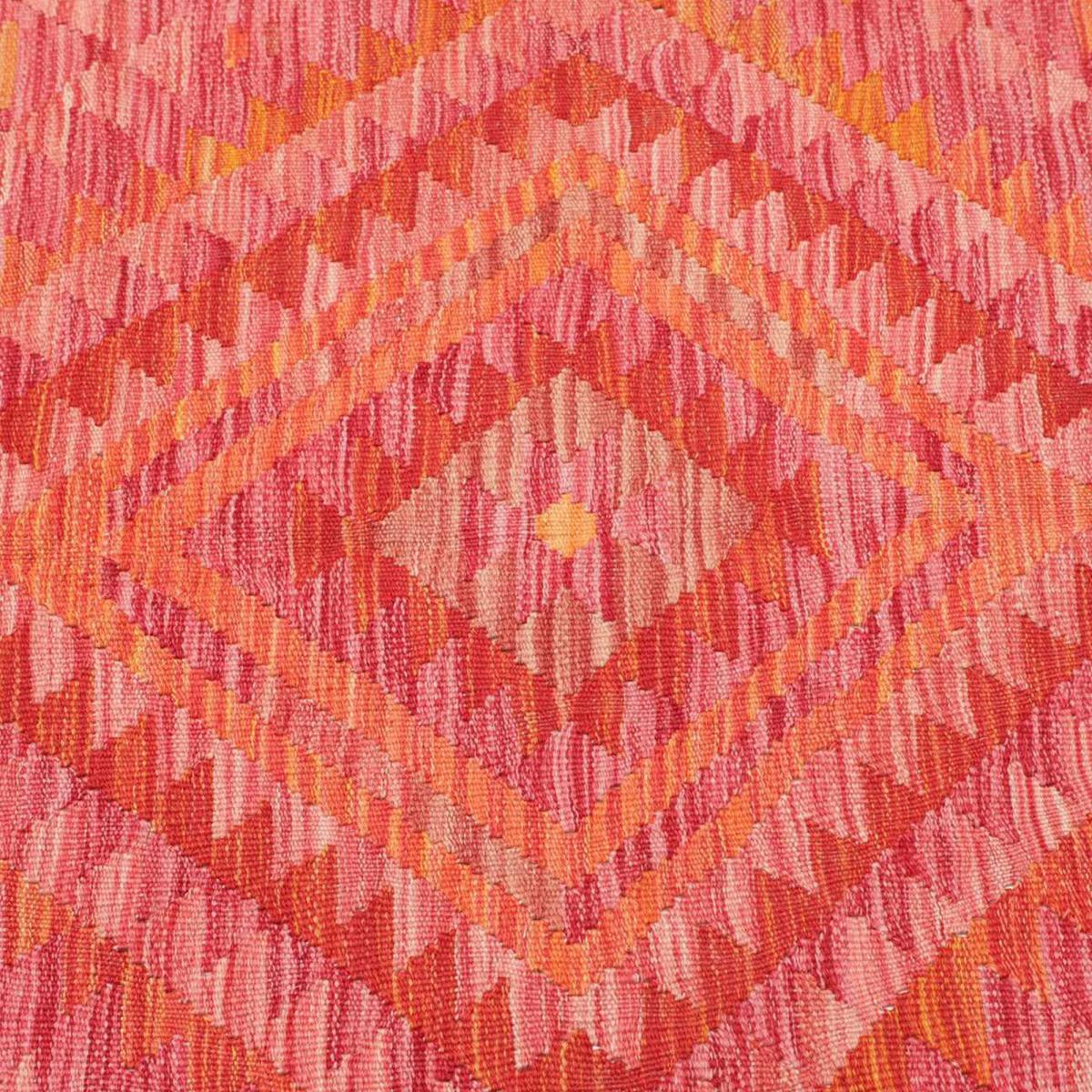 Tapis kilim géométrique, tissé plat en laine, KILIM 39 rouge, orange, rose, UN AMOUR DE TAPIS