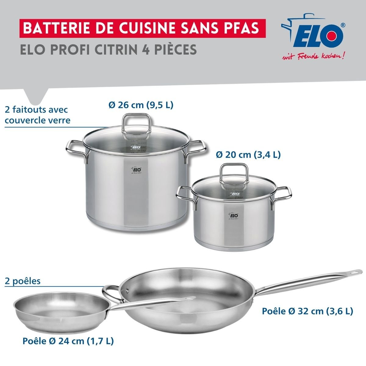 Batterie 2 poêles 24/32cm + 2 faitouts 20/26cm PROFI CITRIN gris, ELO
