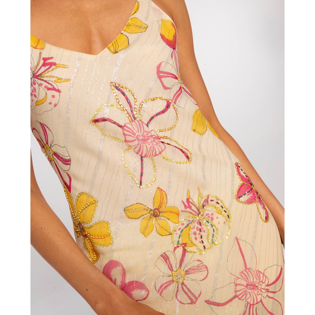 Robe longue à imprimé fleuri et broderie main imprimé, THE-ARE