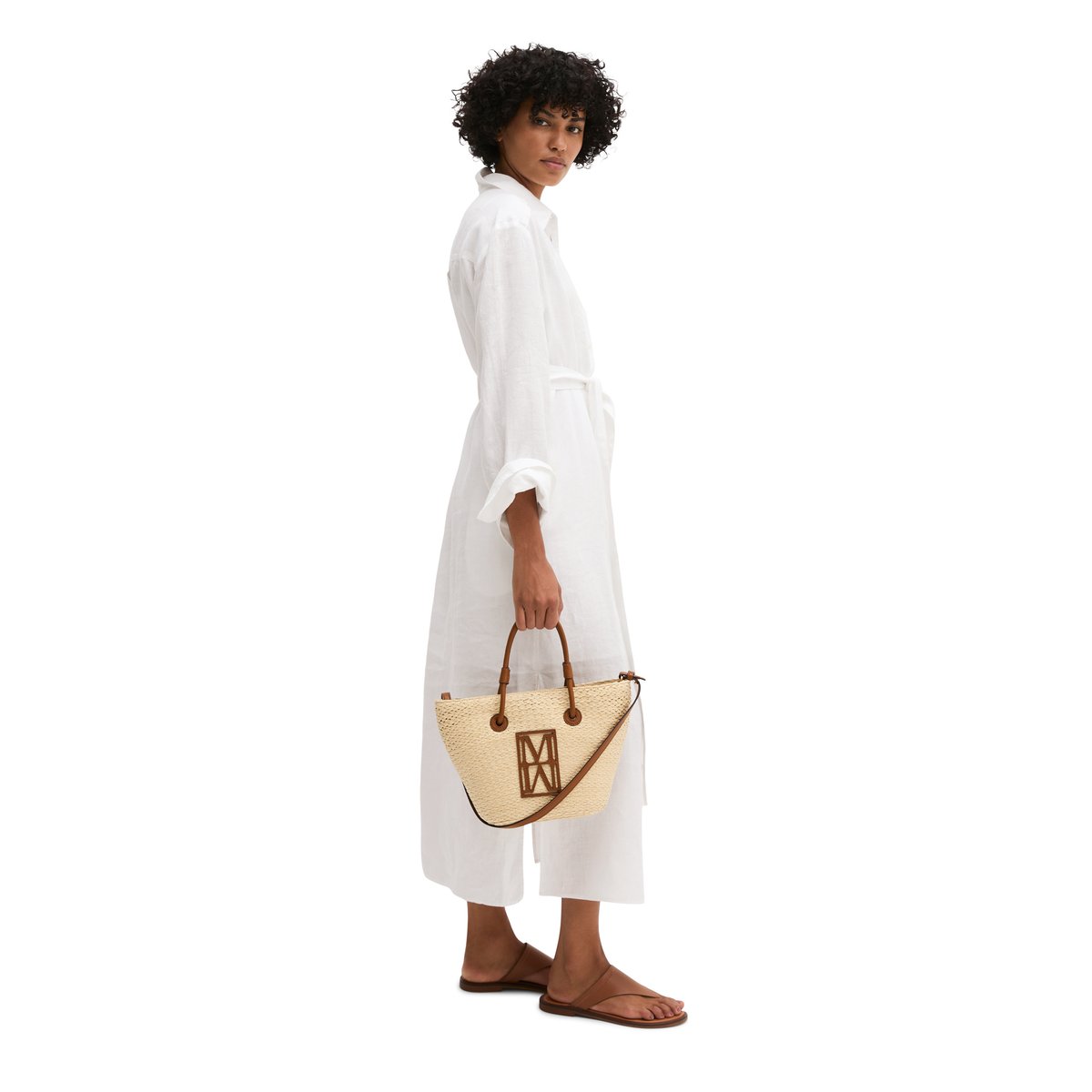 Shopper en raphia petit avec détails élégants en cuir véritable cognac, MARC O'POLO