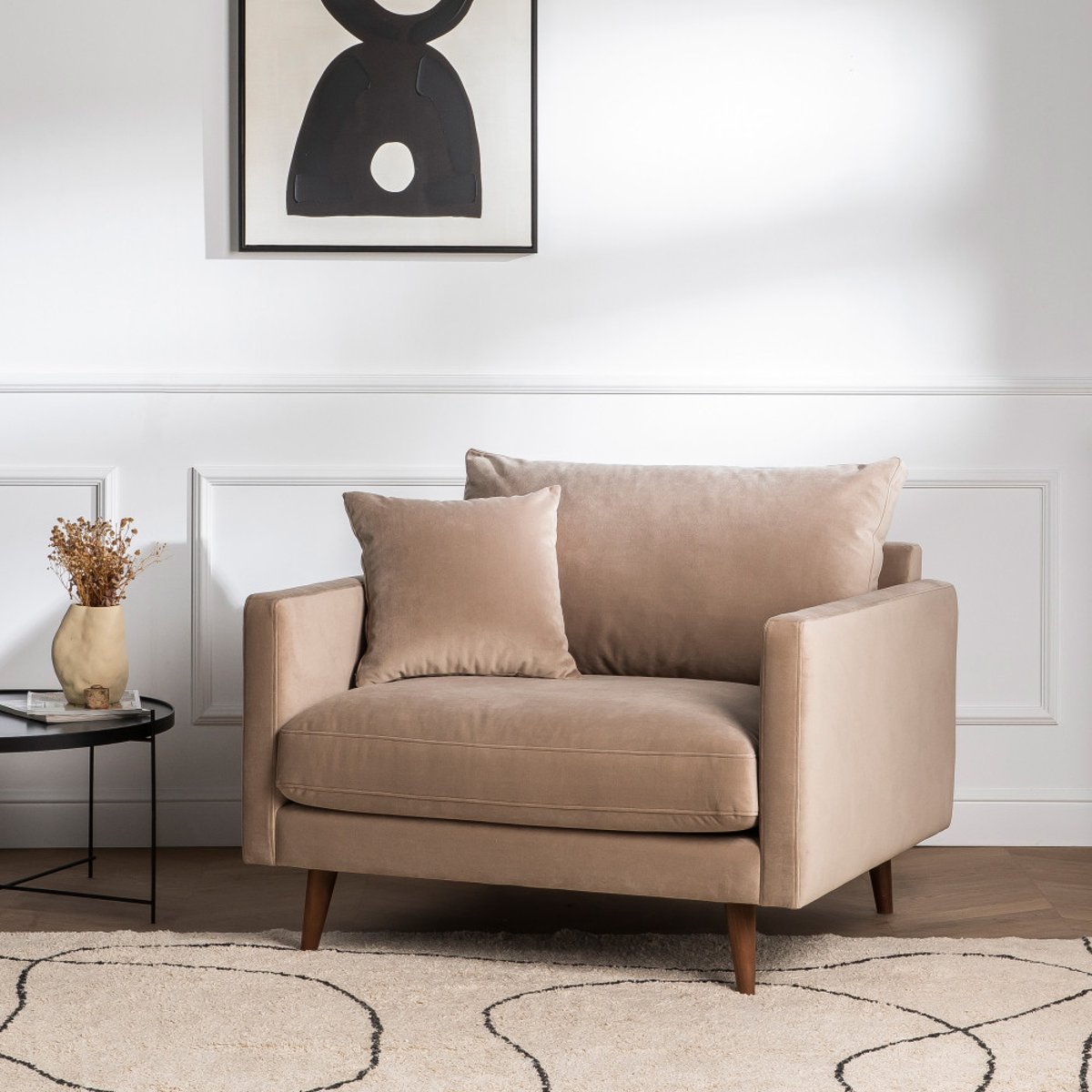 Fauteuil XL en velours pieds bois foncé- VILLABON beige, DRAWER
