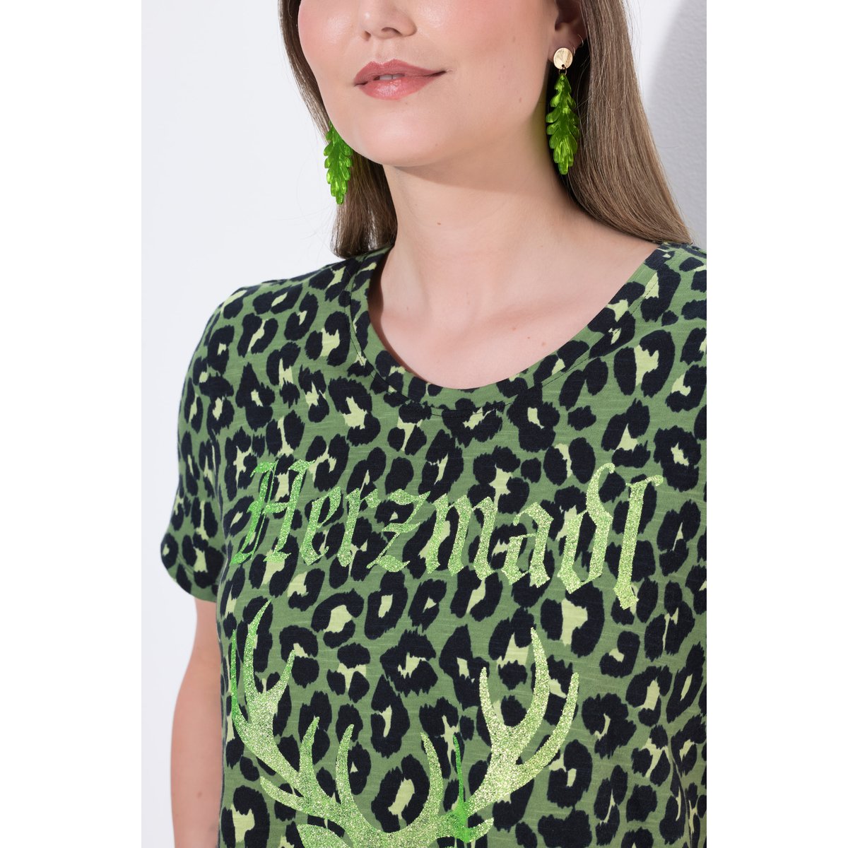 T-shirt, motif léopard, col rond olive, ULLA POPKEN
