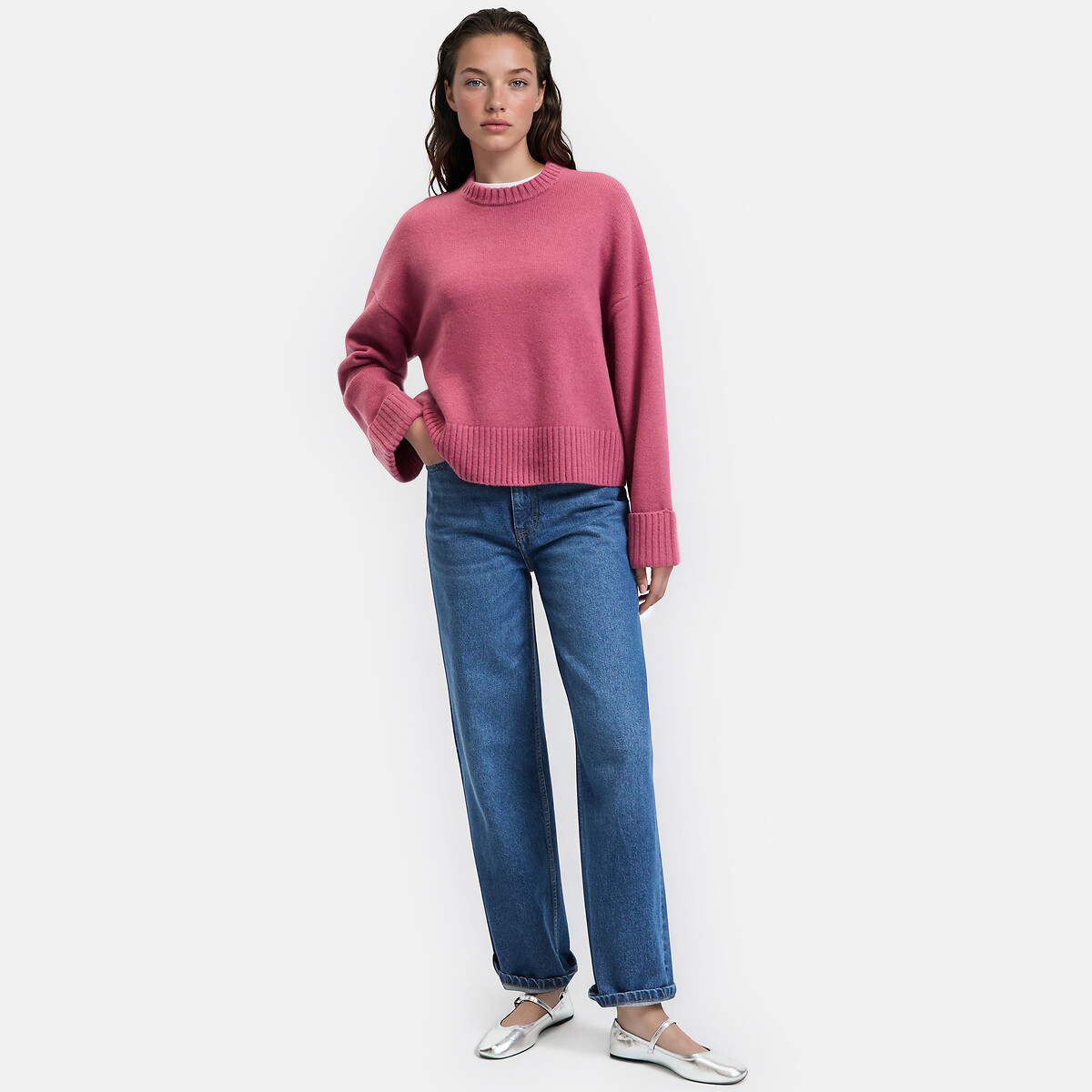 Jersey de lana, cuello redondo, punto grande rosa , LA REDOUTE COLLECTIONS