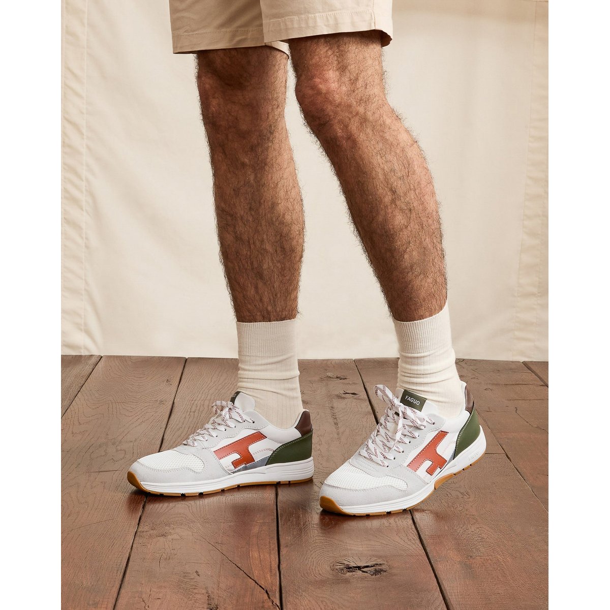 Running tissu suede OLIVE blanc et terracotta et kaki, FAGUO