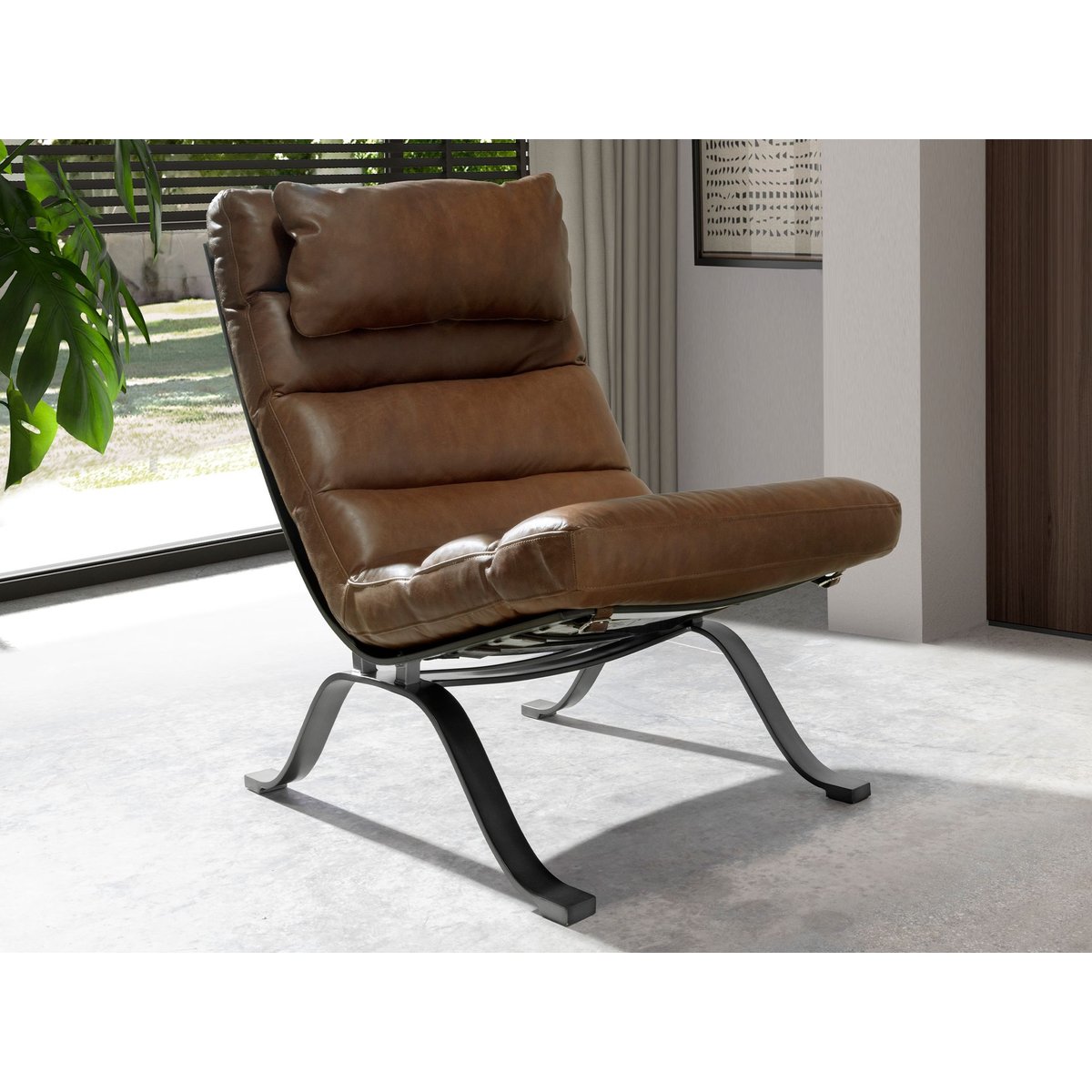 Fauteuil en cuir marron foncé | acier noir, ANGEL CERDA