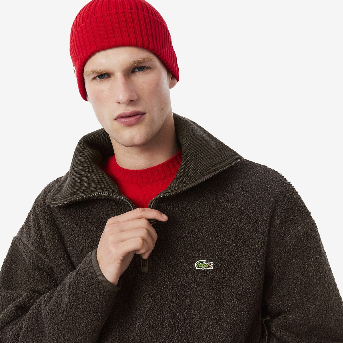 High Neck Zip-Up Sherpa Fleece dark brown, LACOSTE