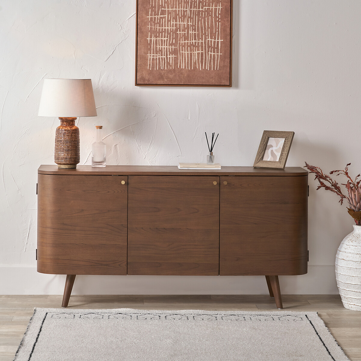 Elion Retro Dark Ash Wood 3 Door Sideboard dark wood, SO'HOME