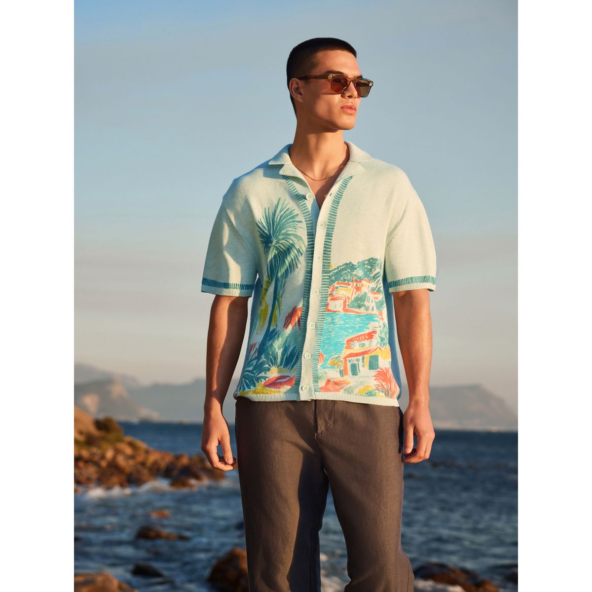 Chemise en maille à imprimé paysage bleu clair, NEXT