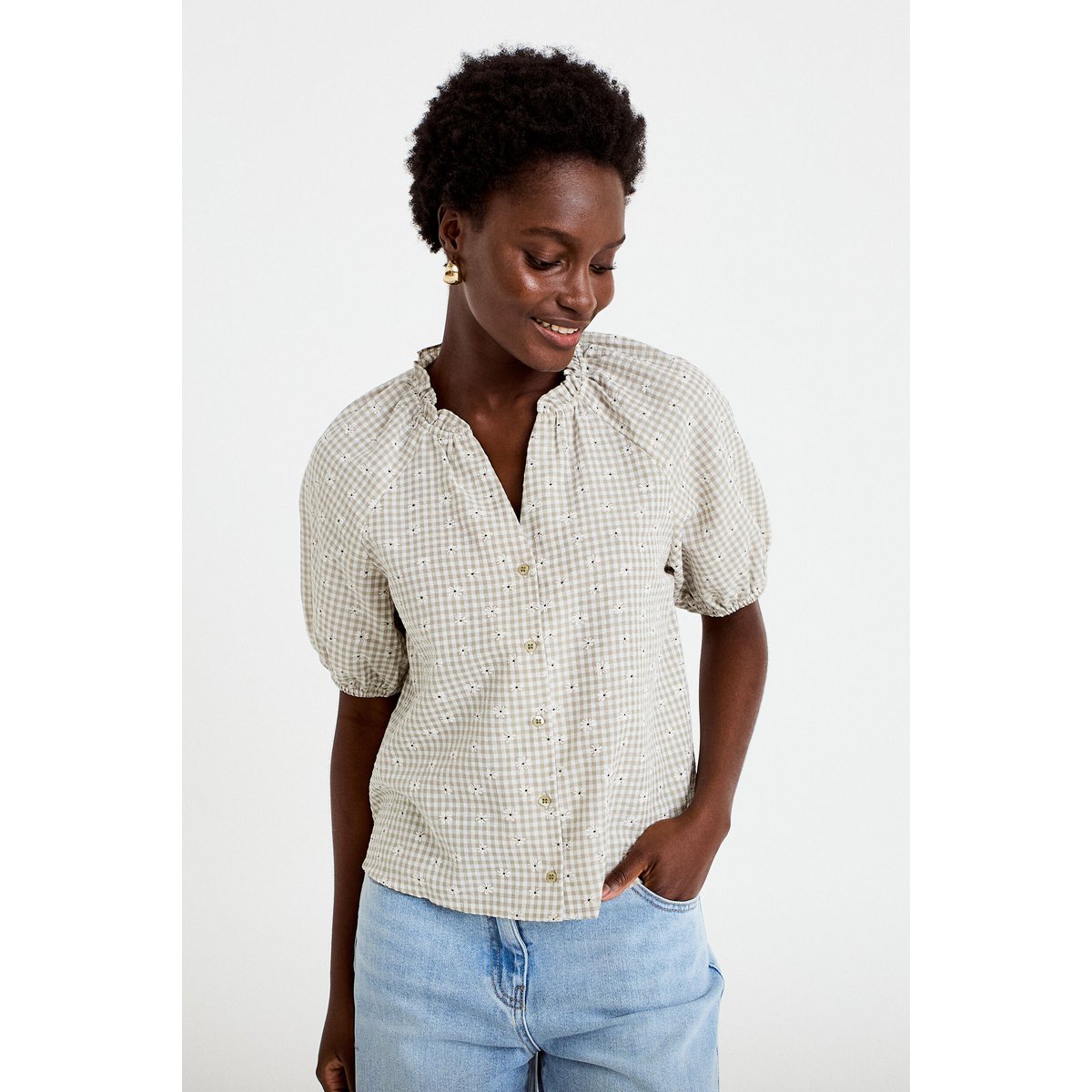 Blouse droite col v manches courtes gris, CACHE CACHE