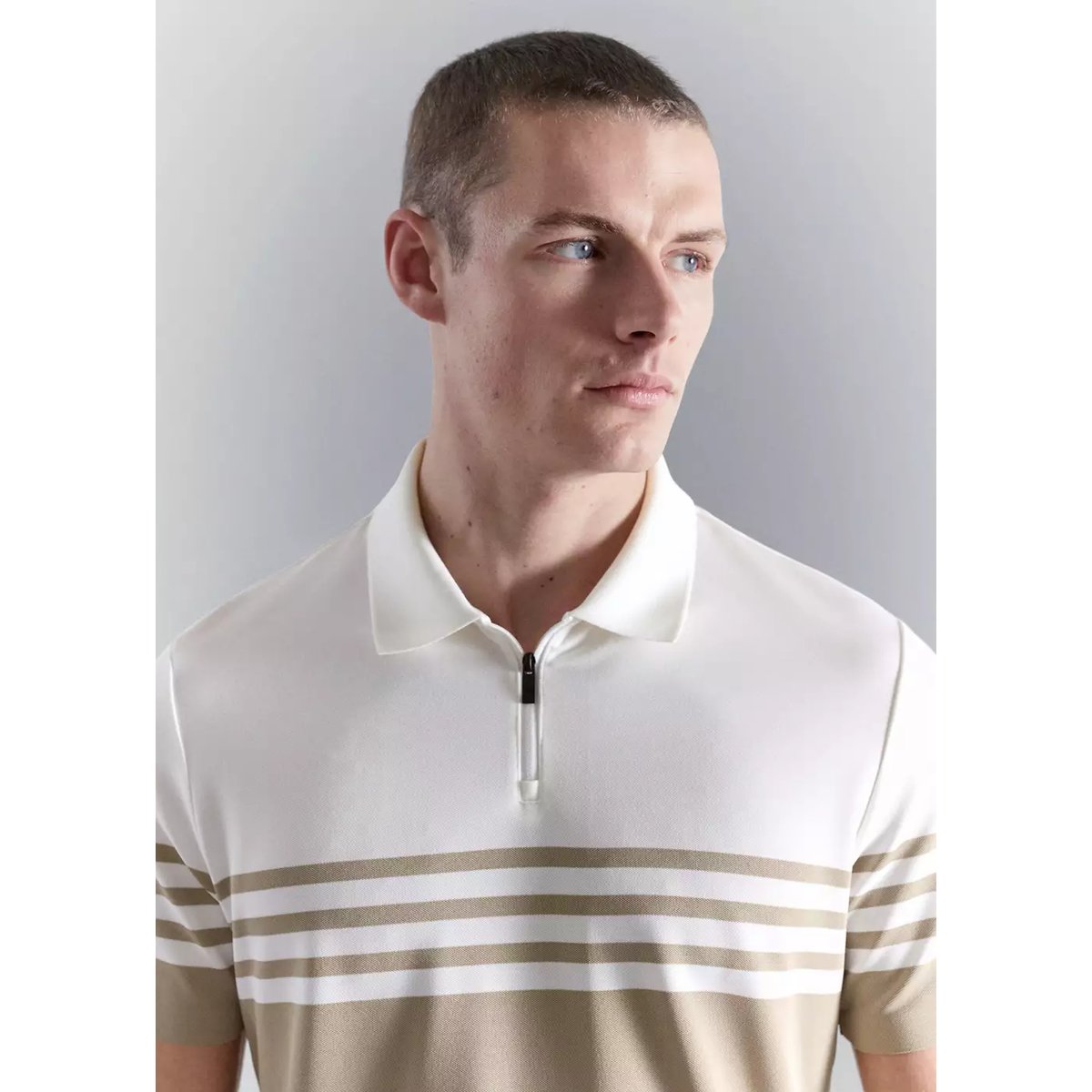 Polo bicolore col zippé beige, MANGO MAN