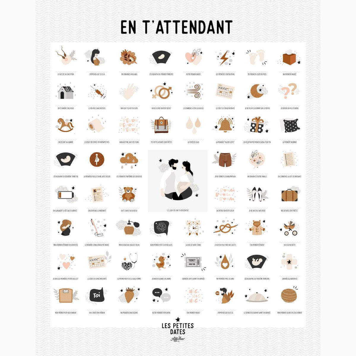 Affiche En t'attendant Originale beige, rose poudre, caramel, LES PETITES DATES 