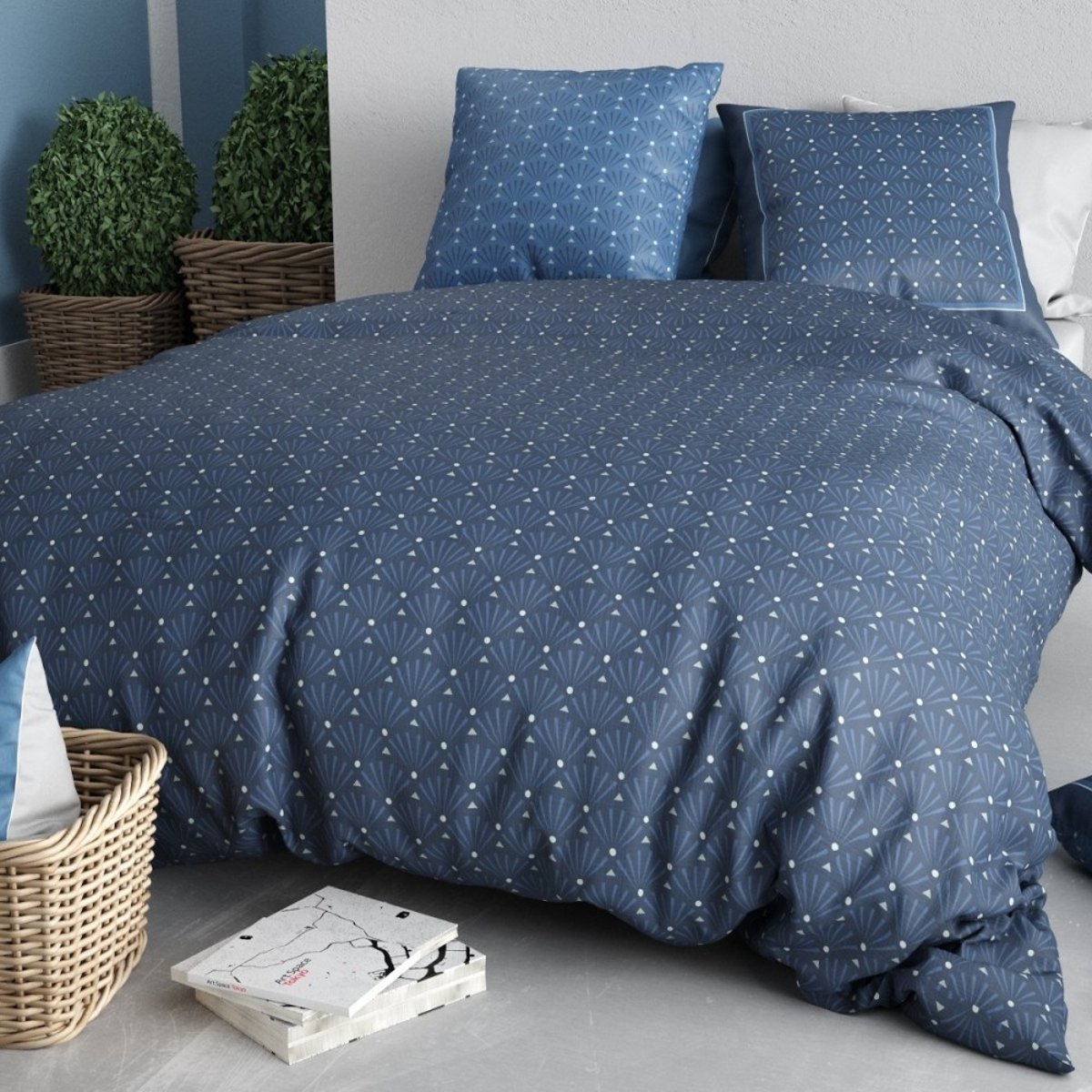Housse de couette 240x220 + 2 taies coton 57 fils bleu, DECORATIE