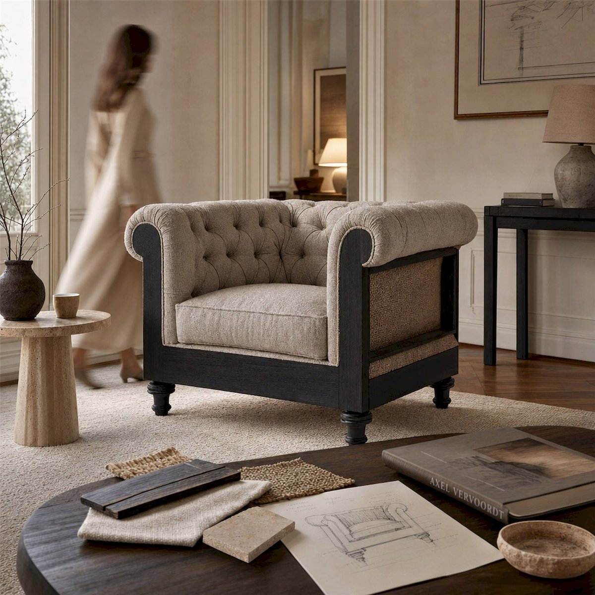 Fauteuil capitonné collection S.GORE beige et noir, RECOLLECTION