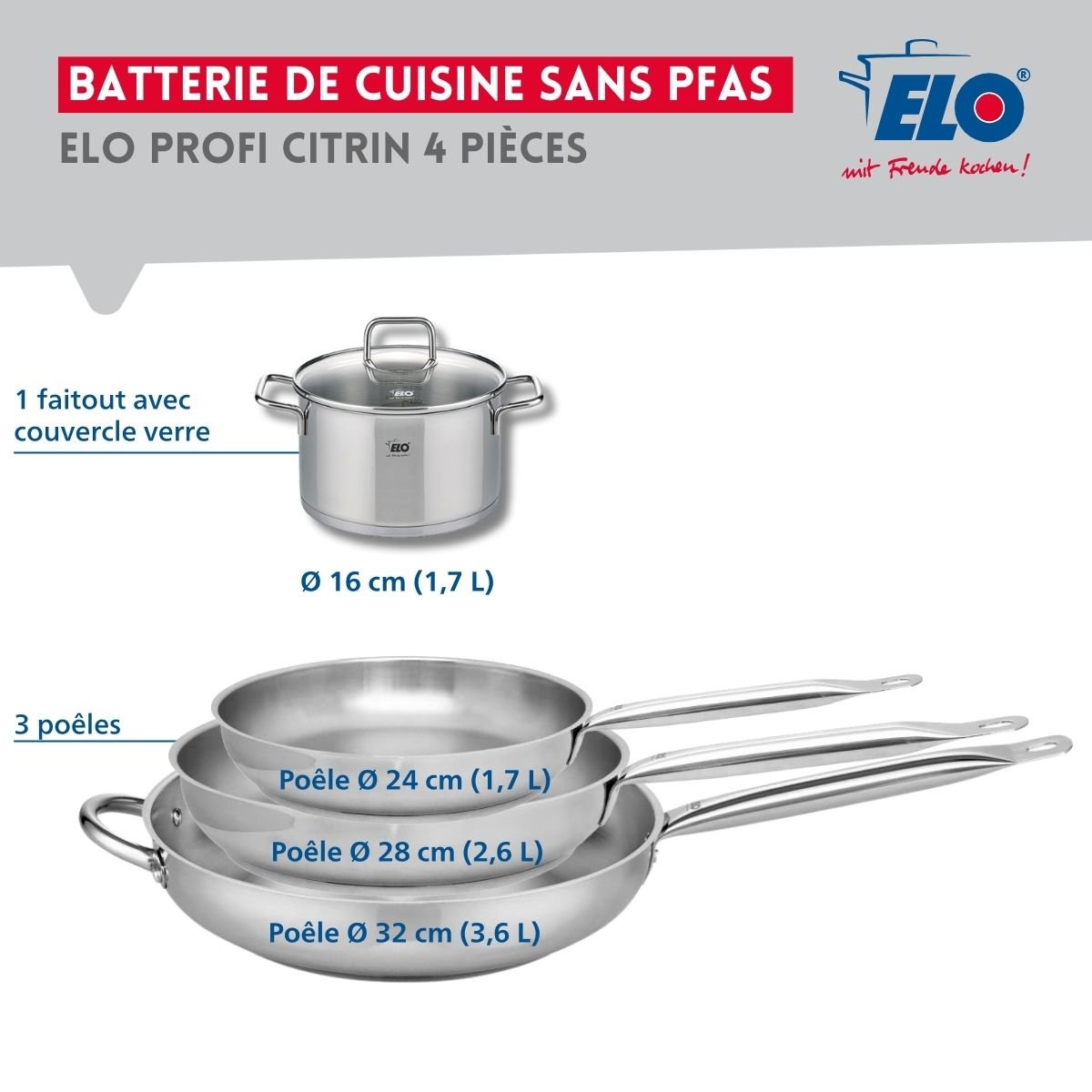Batterie 3 poêles 24/28/32cm + 1 faitout 16cm PROFI CITRIN gris, ELO