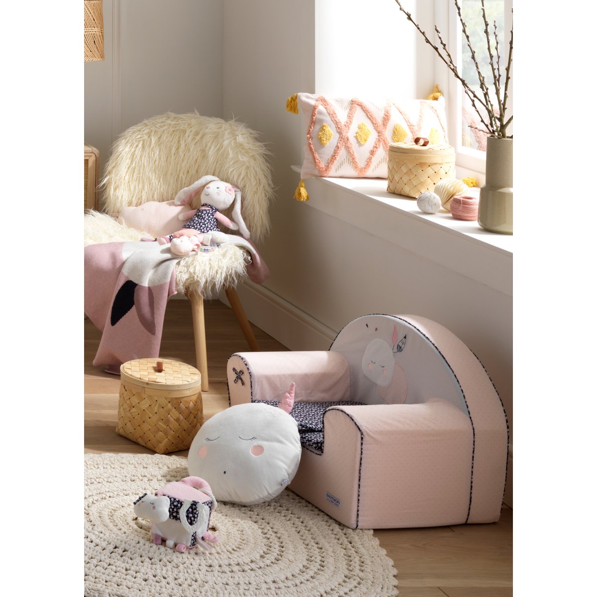 Fauteuil club bébé pour enfant en coton rose, SAUTHON