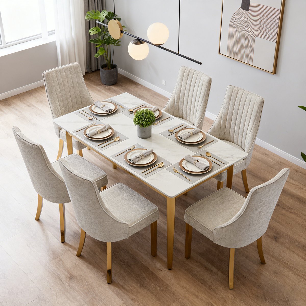 Lot de 6 chaises en tissu chenille avec pieds métal doré, GERRYC beige, MEUBLES COSY