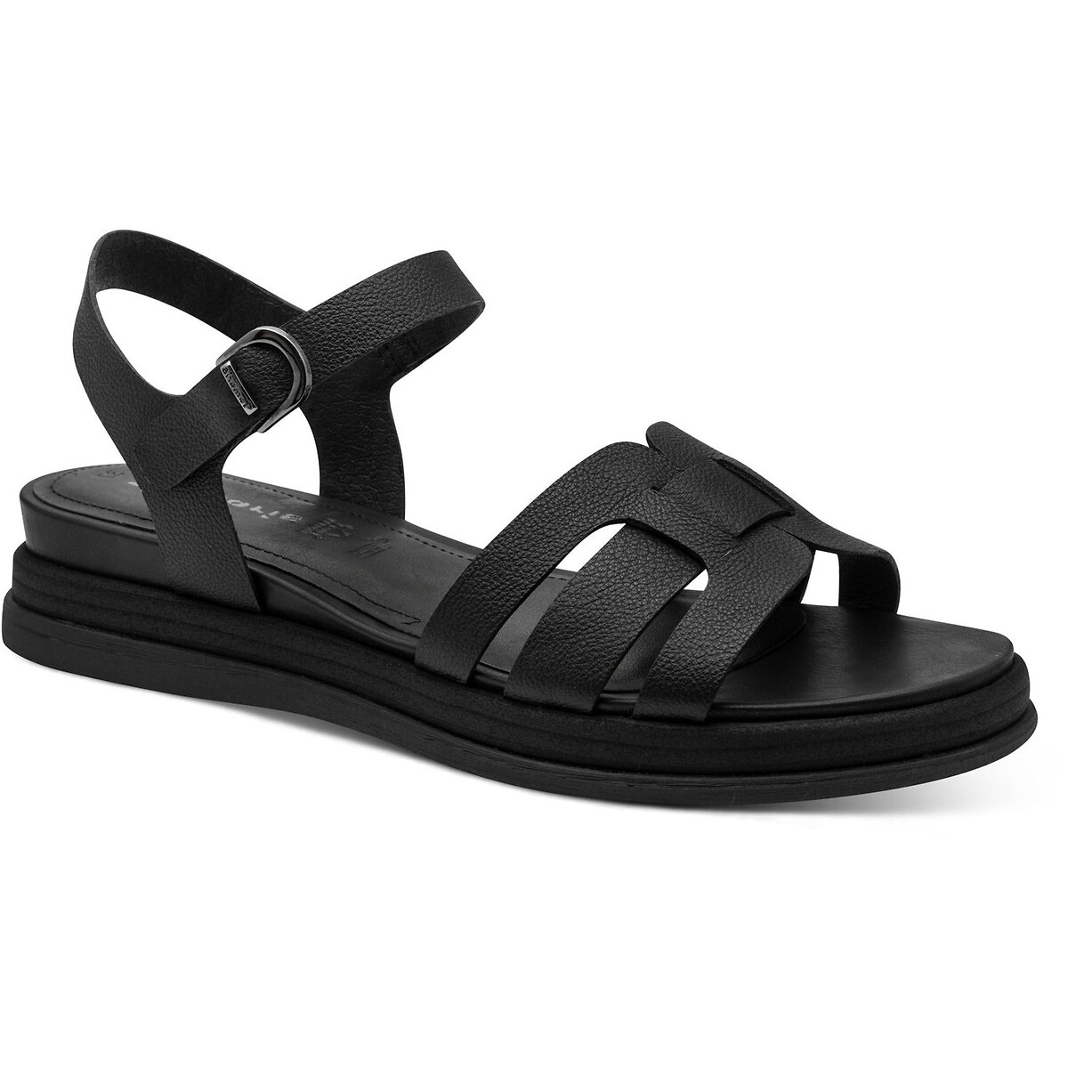 Sandales plates en cuir noir, TAMARIS