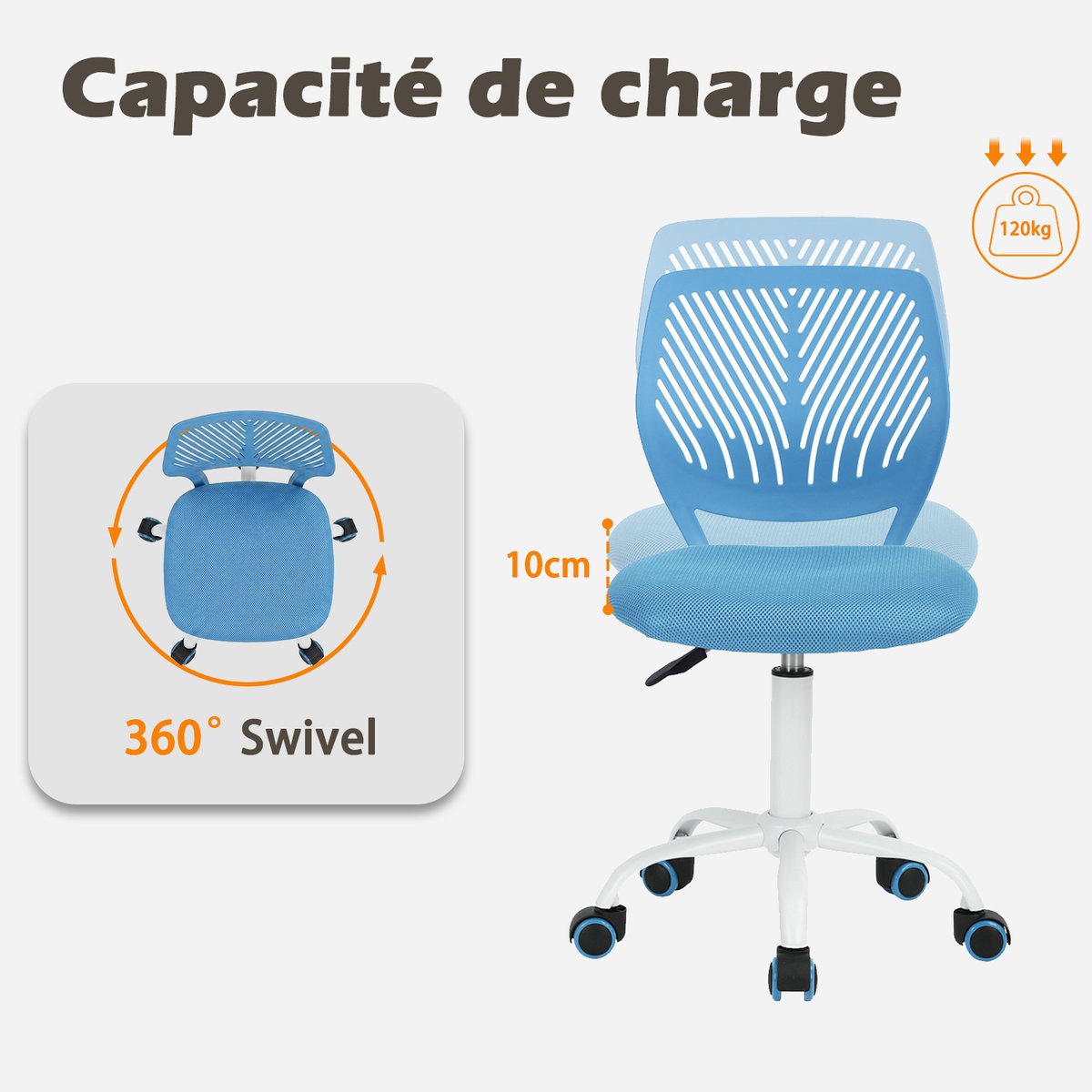 Chaise de bureau pivotante réglable en hauteur en maille, CARNATION bleu, MEUBLES COSY
