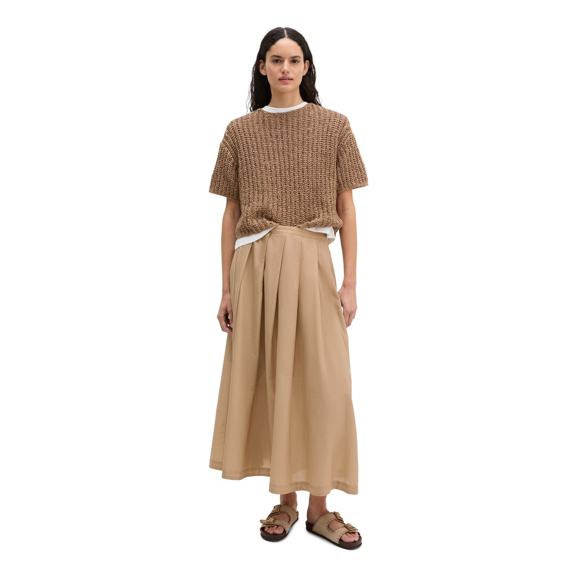 Jupe plissée large A-Shape en voile de coton doux beige, MARC O'POLO