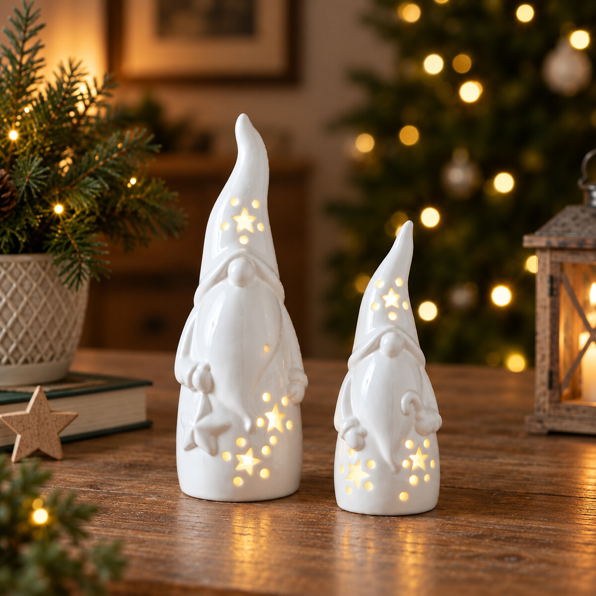 Set of 2 15cm & 20cm Nordic Lights Light-up Porcelain Gonk white, SO'HOME