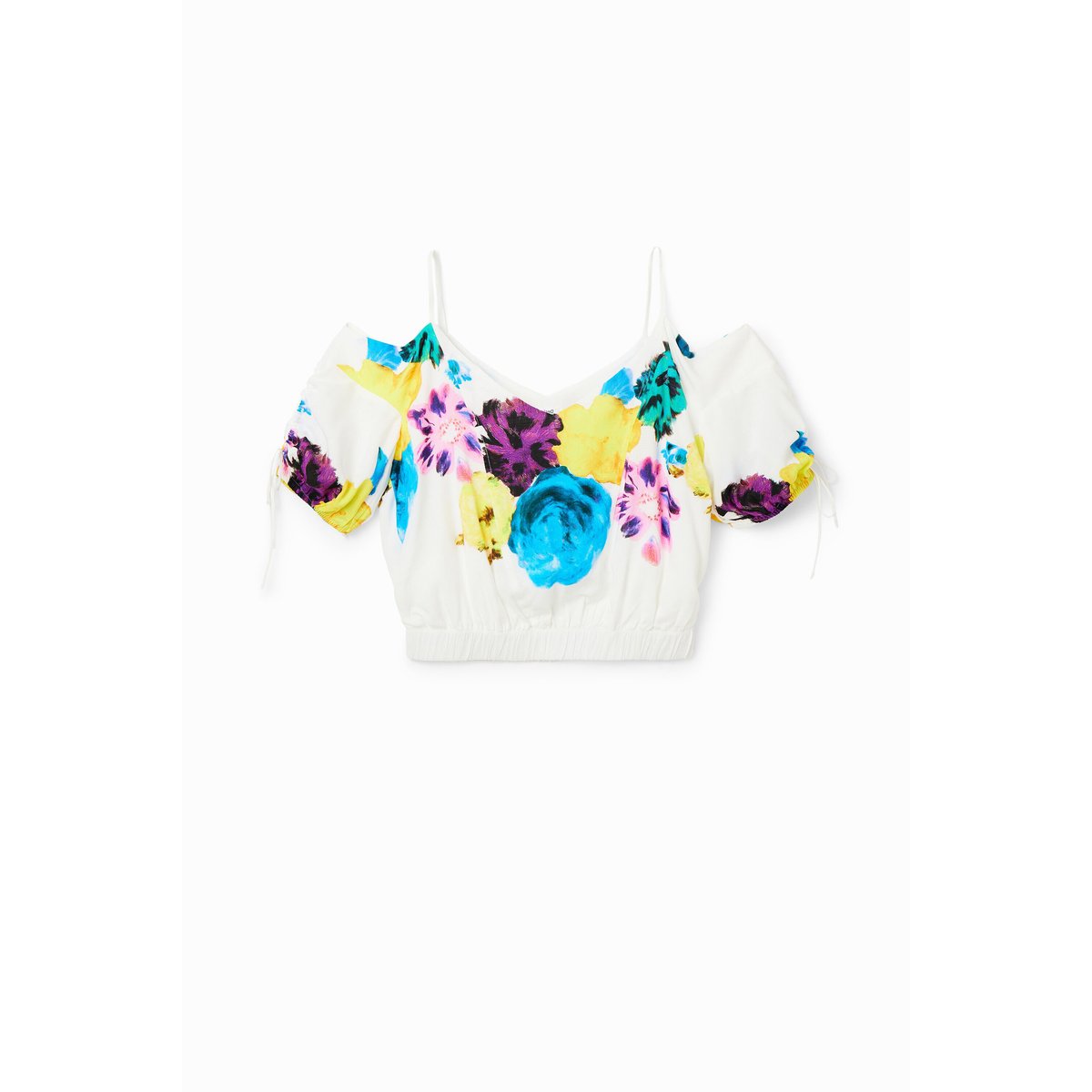 Blouse courte froncée fleurs M.Christian Lacroix blanc, DESIGUAL