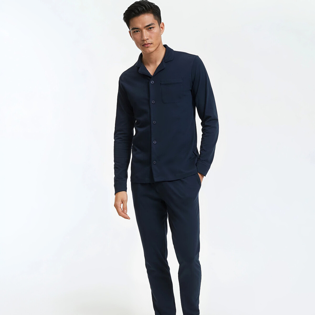 Pyjama long col chemise en jersey bleu marine, LA REDOUTE COLLECTIONS
