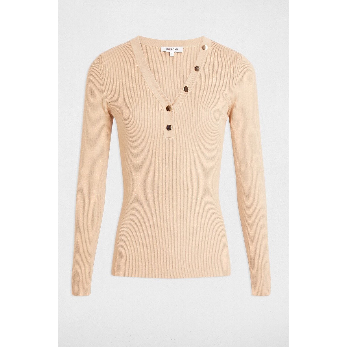 Pull manches longues col V beige, MORGAN