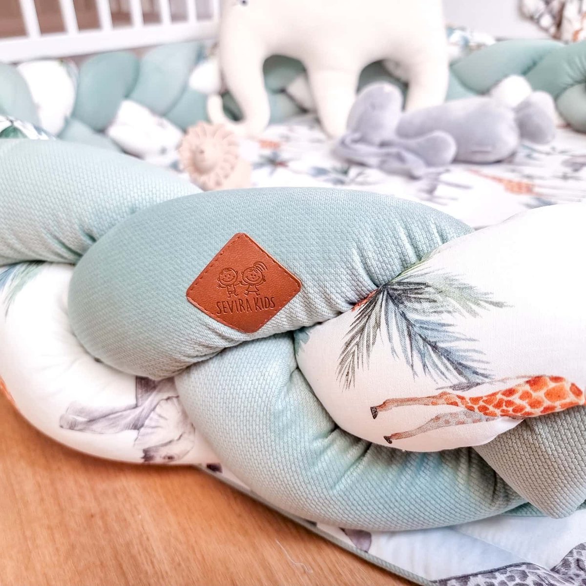 Tresse de lit universelle, tour de lit SAFARI safari, vert, gris, blanc, SEVIRA KIDS