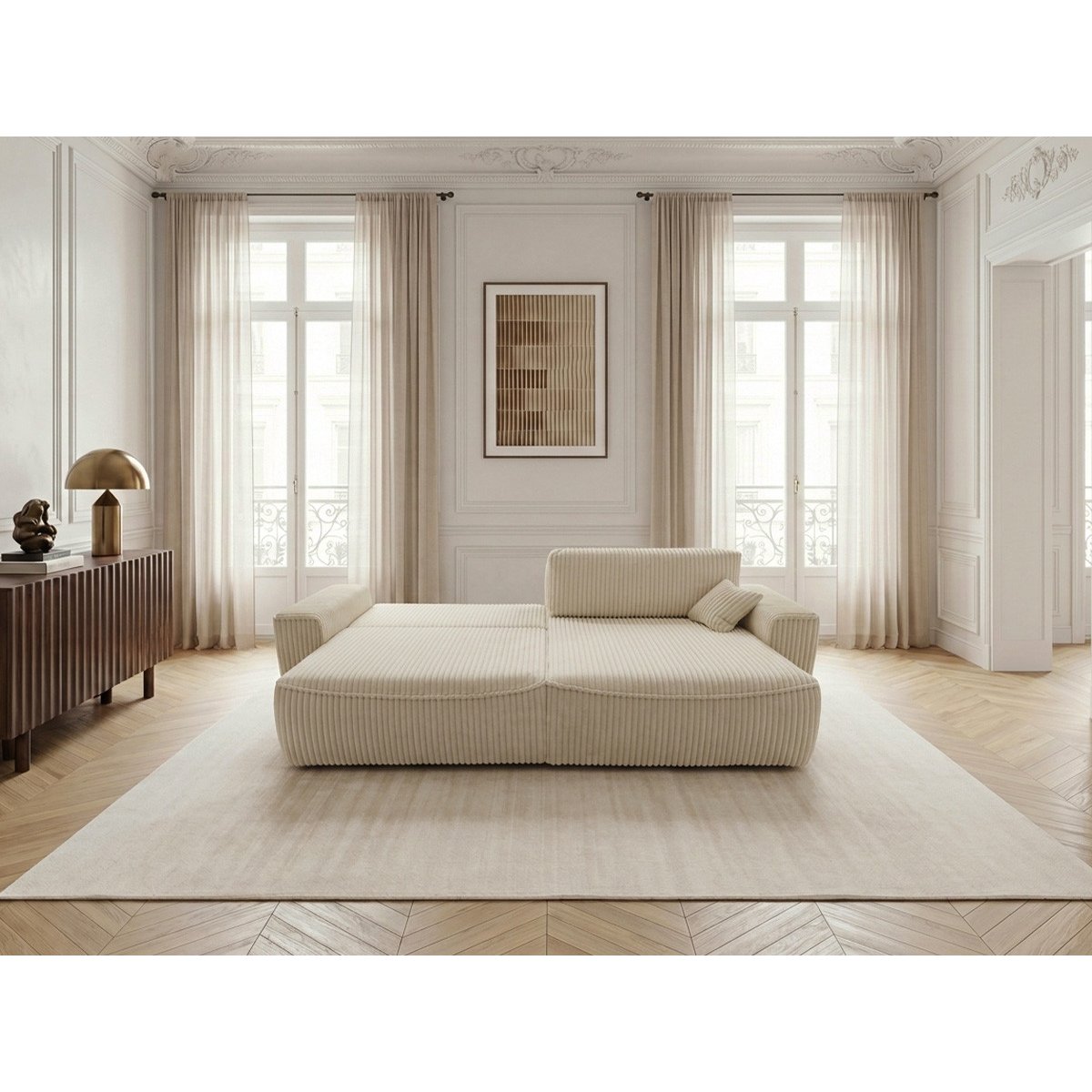 Canapé d'angle convertible places en gros côtelé doux, AUSTIN beige, BOBOCHIC