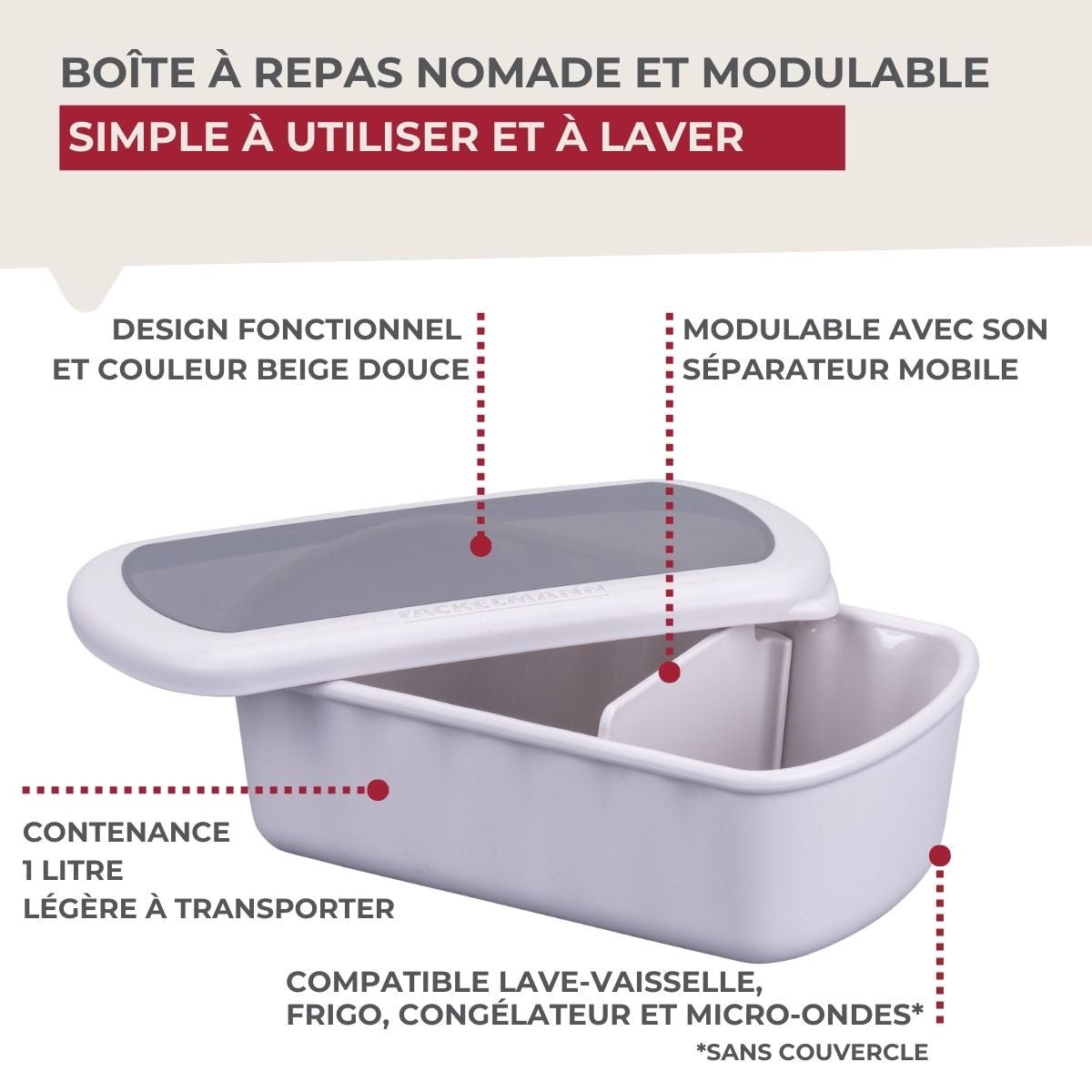 Lunchbox Beige à compartiment réglable 1 litre sans BPA STORAGE transparent,beige, FACKELMANN