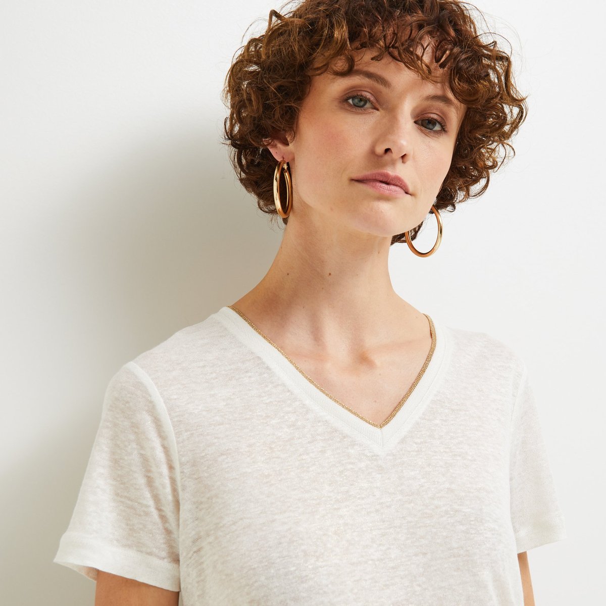 T-shirt col V irisé en lin, certifié European Flax army, MONOPRIX