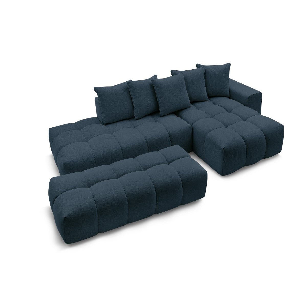 Canapé d'angle fixe 4 places en tissu chiné avec pouf, MONT-BLANC bleu foncé, BOBOCHIC