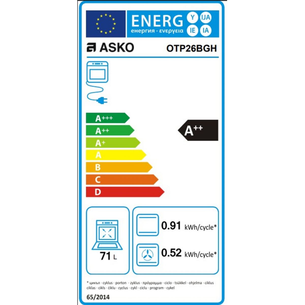 Four encastrable OTP26BGH couleur unique, ASKO