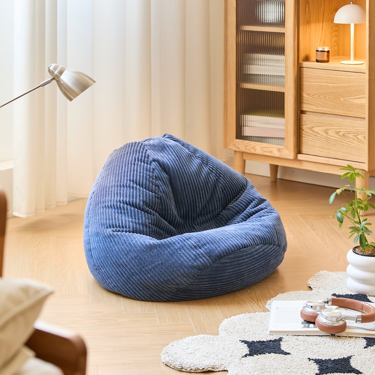 Pouf de salon, velours côtelé, FLOBY bleu, NORDLYS