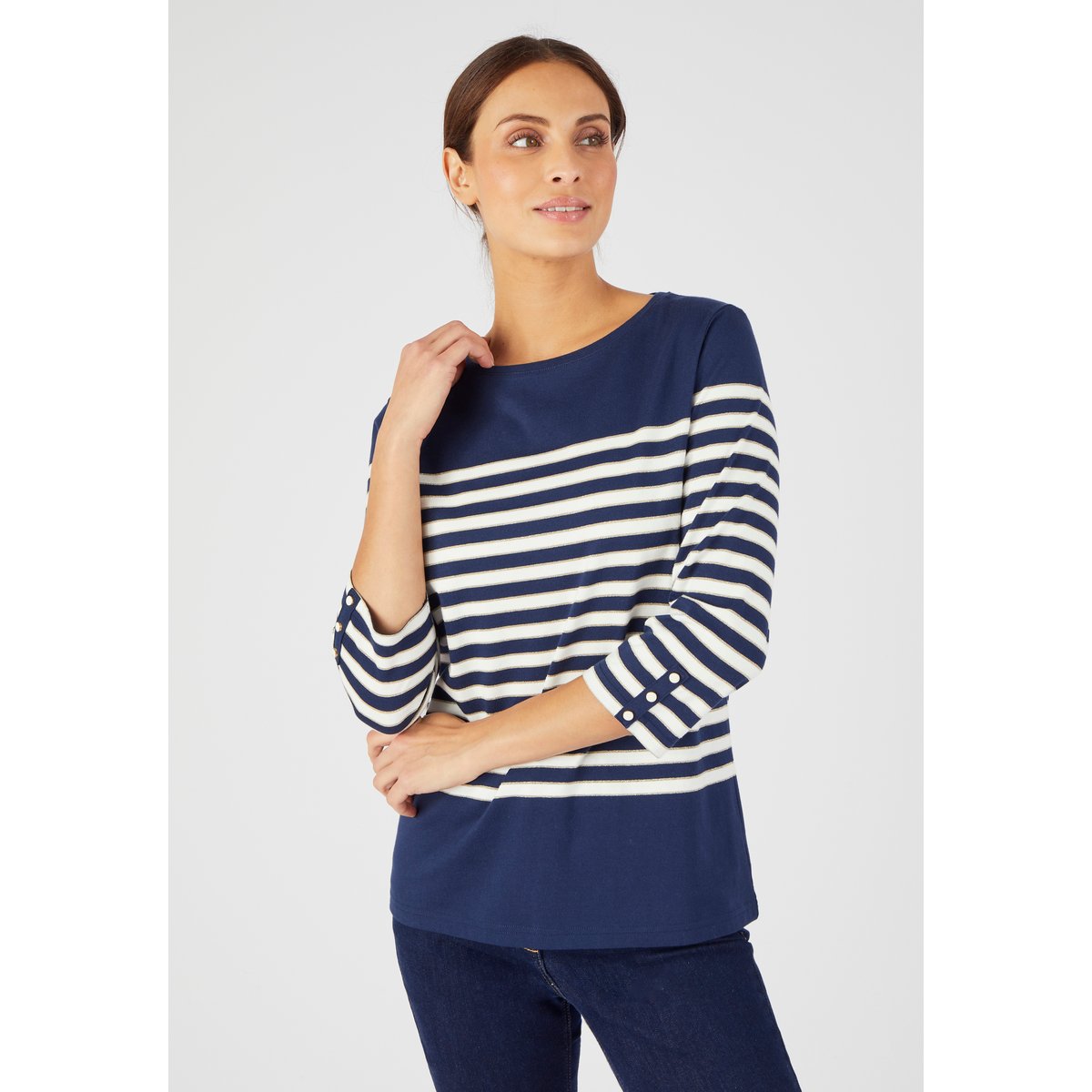 Marinière brillante manches 3/4 bleu marine rayé, DAMART