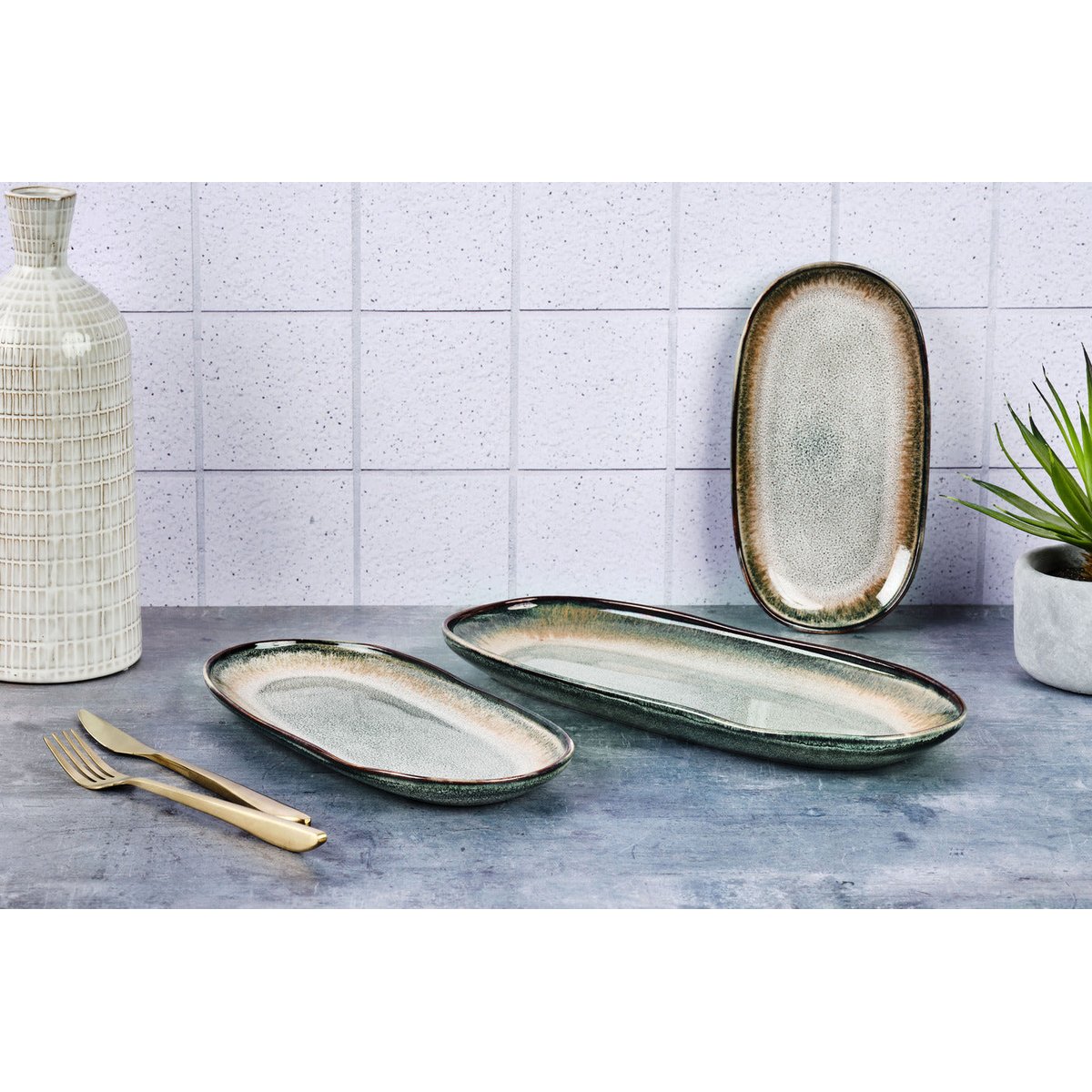 Lot de 3 plateaux & plats à four en grès, GENESIS dégradé bleu gris kaki, BJORN