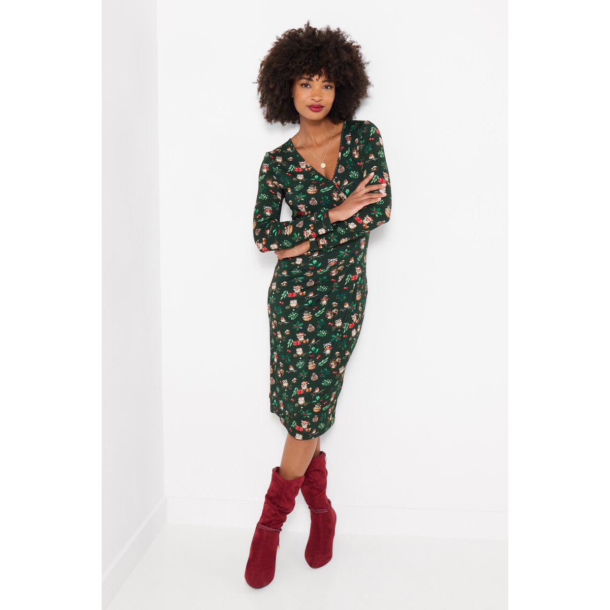 Robe Cache-Cœur en Jersey Imprimé Festif vert, JOE BROWNS
