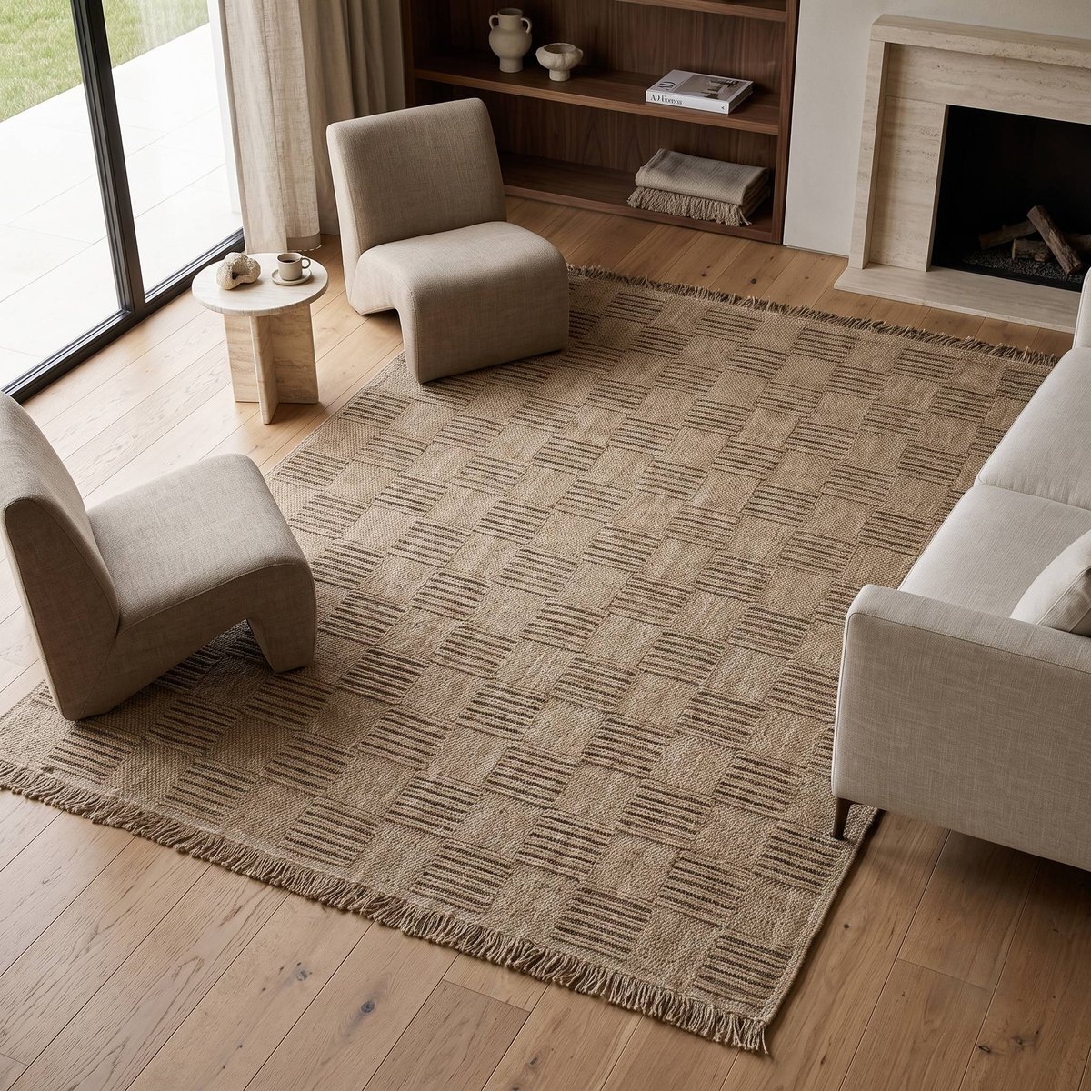 Tapis extérieur intérieur damier aspect jute JUTA DAMIER beige, THE DECO FACTORY