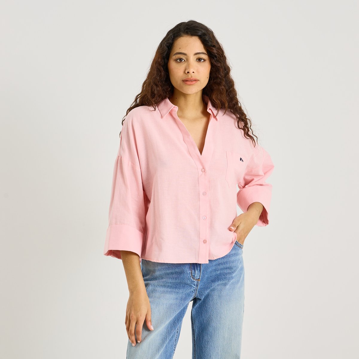 Chemise détail broderie rose, GRAIN DE MALICE