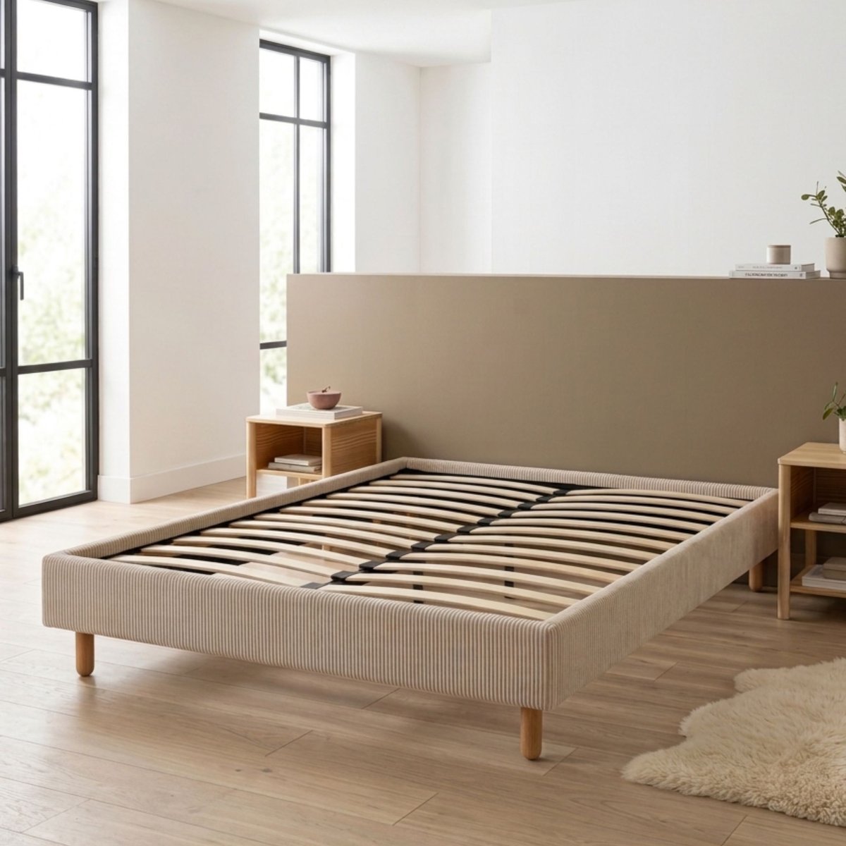 Sommier kit 13 lattes tissu velours côtelé ivoire, TERRE DE NUIT
