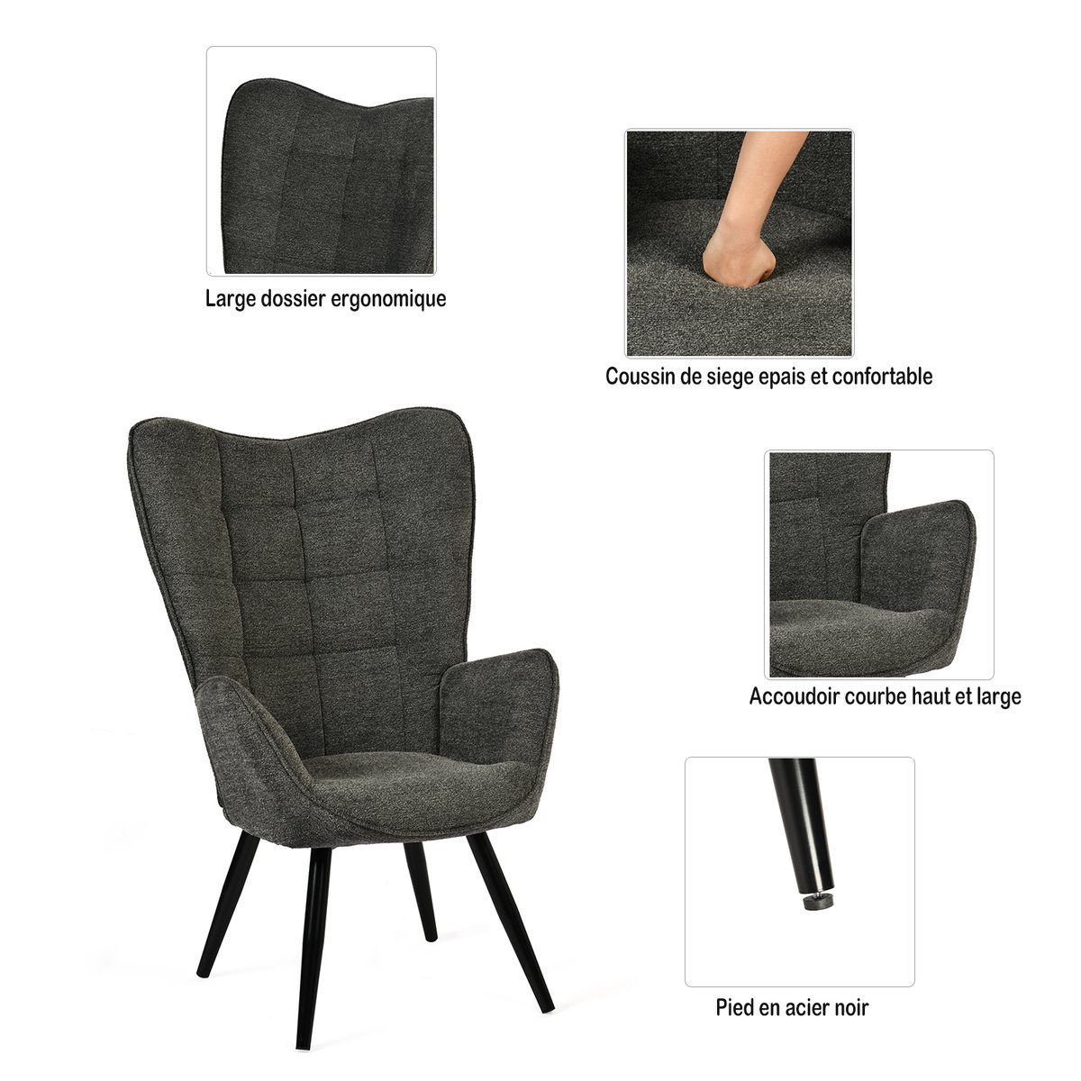Fauteuil relax fauteuil confortable industriel, FUNKEL gris foncé, MEUBLES COSY