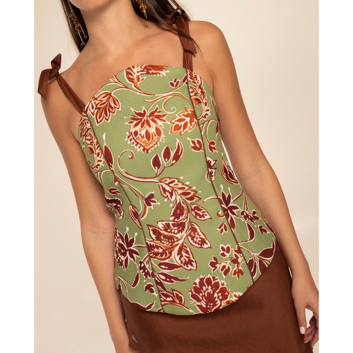 Top bustier imprimé à volants et passepoils vert, THE-ARE
